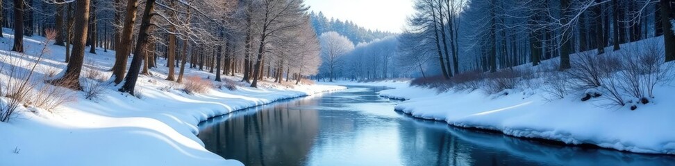 A frozen river winding its way through a snowy forest with bare branches, snow, forest
