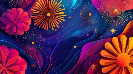 Futuristic digital inspired paper cut fireworks display in vibrant colors and dynamic patterns creating a spectacular visual for 2026 and events