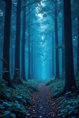 A serene and peaceful forest with Duotone Blu Rot tree trunks and foliage, foliage, peaceful