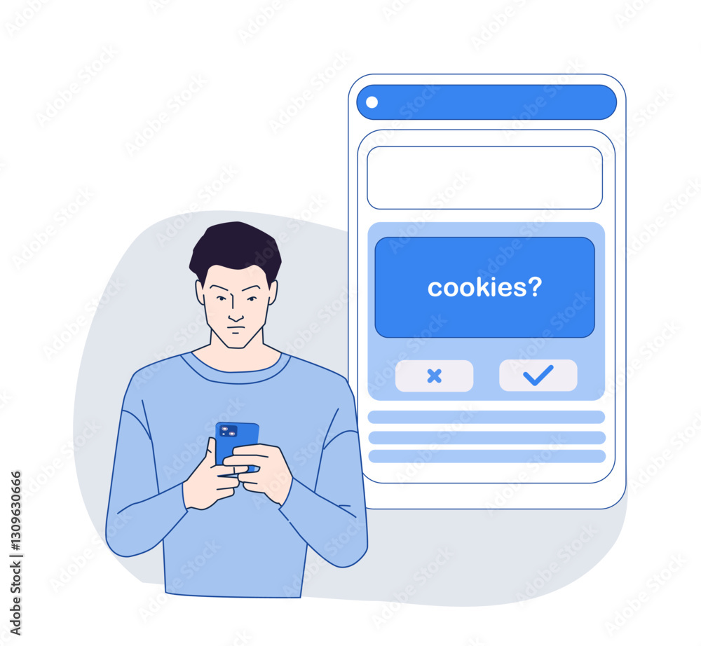Poster cookieless tracking future. advancing digital privacy. man with smartphone visiting website and reje