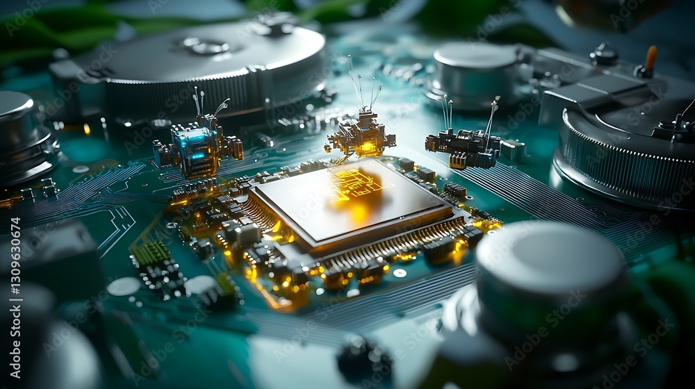 Poster close-up view of a futuristic microchip surrounded by intricate electronic components on a circuit b