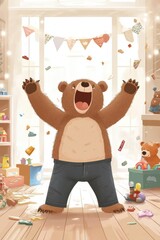 Furious toddler bear expressing frustration in a colorful toy store setting