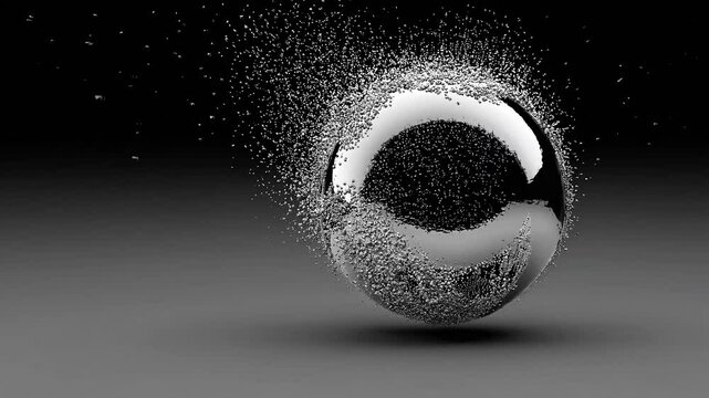 Small metallic particles separating from a reflective sphere create a striking visual effect against a dark gradient background, evoking disintegration and transformation