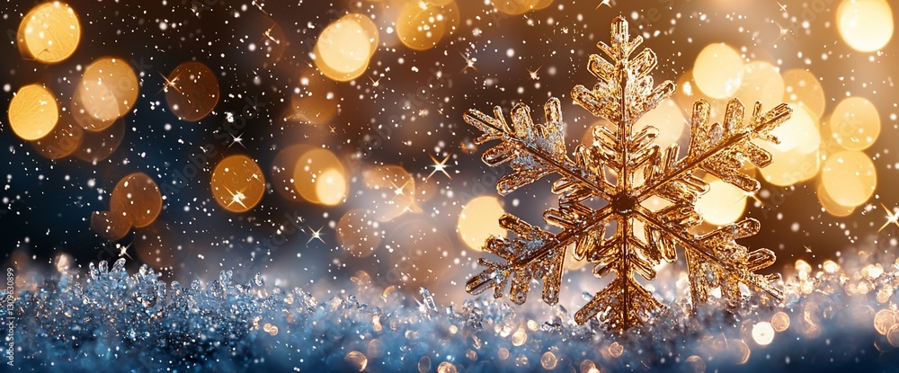 Poster sparkling golden snowflake on snowy background with bokeh lights.