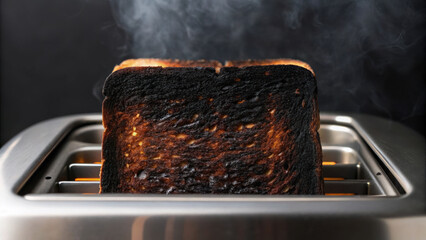 Burnt toast in toaster slot, showing charred edges and smoke rising