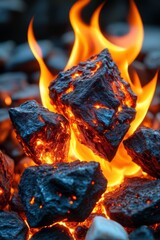 flames are burning in a pile of coal on a grill