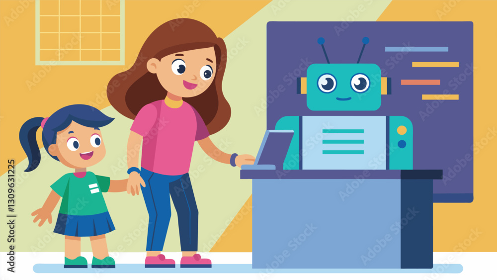 Poster with guidance from a teacher a young girl excitedly inputs her first set of code into a small robot 