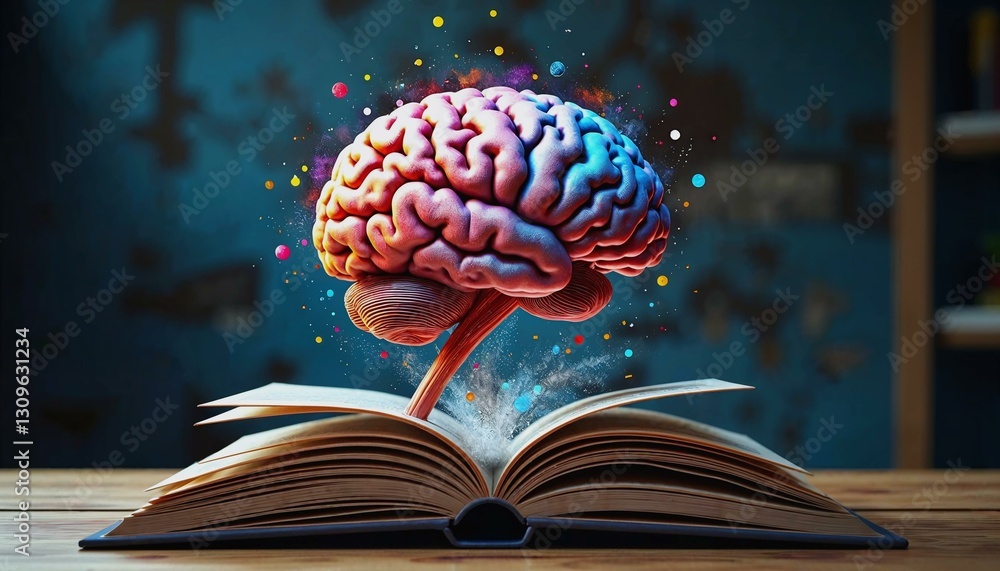 Aufkleber artistic rendering of a colorful brain rising from the pages of a book