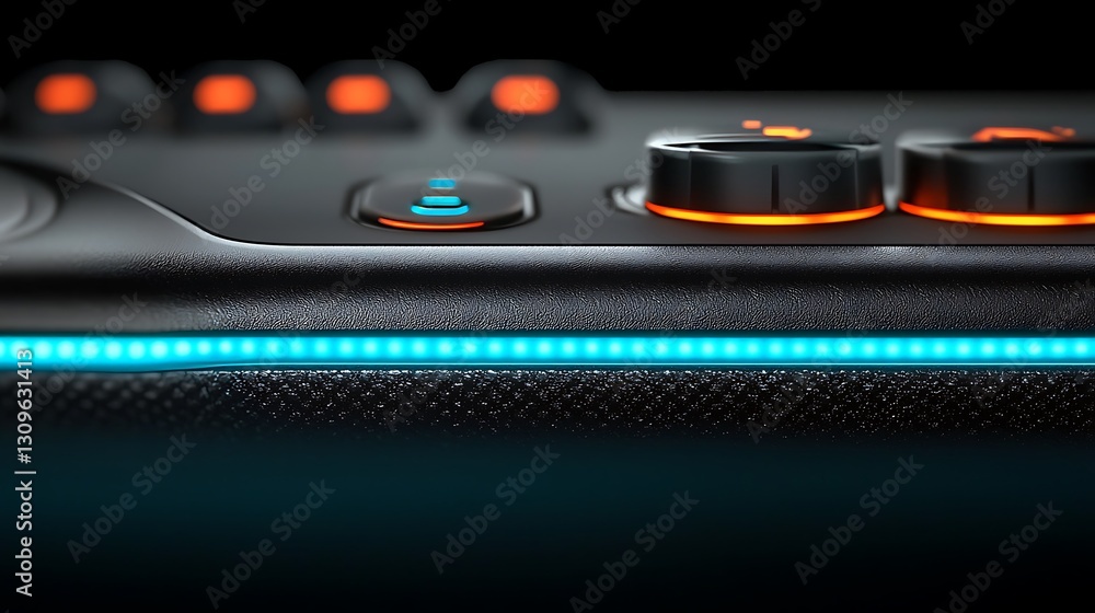 Poster close-up view of a gaming controller showcasing buttons and illuminated features in low light