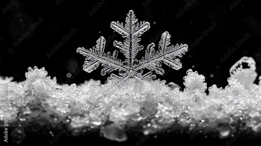 Poster intricate snowflake on snow, macro photography.