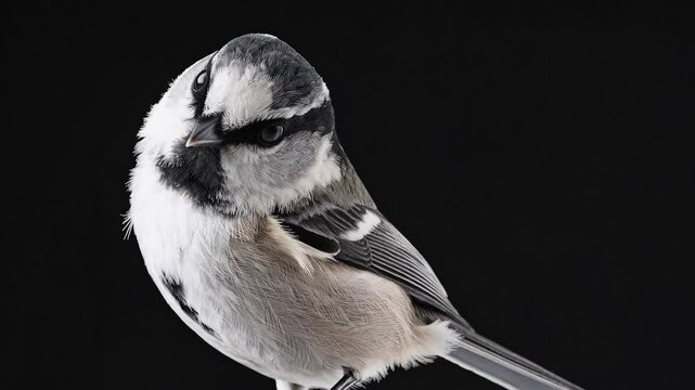 Cinereous tit displaying gray, black, and white feathers, looking to the right while perched on a branch in a studio setting with a striking black background