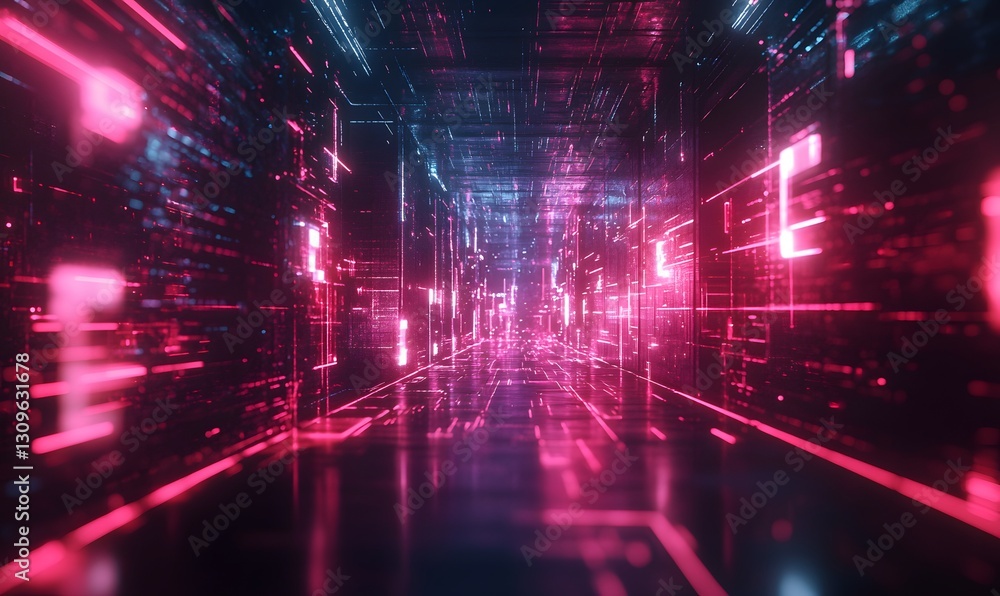 Poster abstract digital corridor with glowing pink and blue lines creating a futuristic tunnel effect