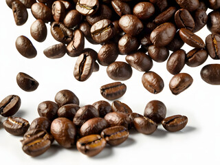 Fototapeta premium Aromatic Brew: A detailed top-down shot of fresh roasted coffee beans scattered, inviting warmth and sensory pleasure.