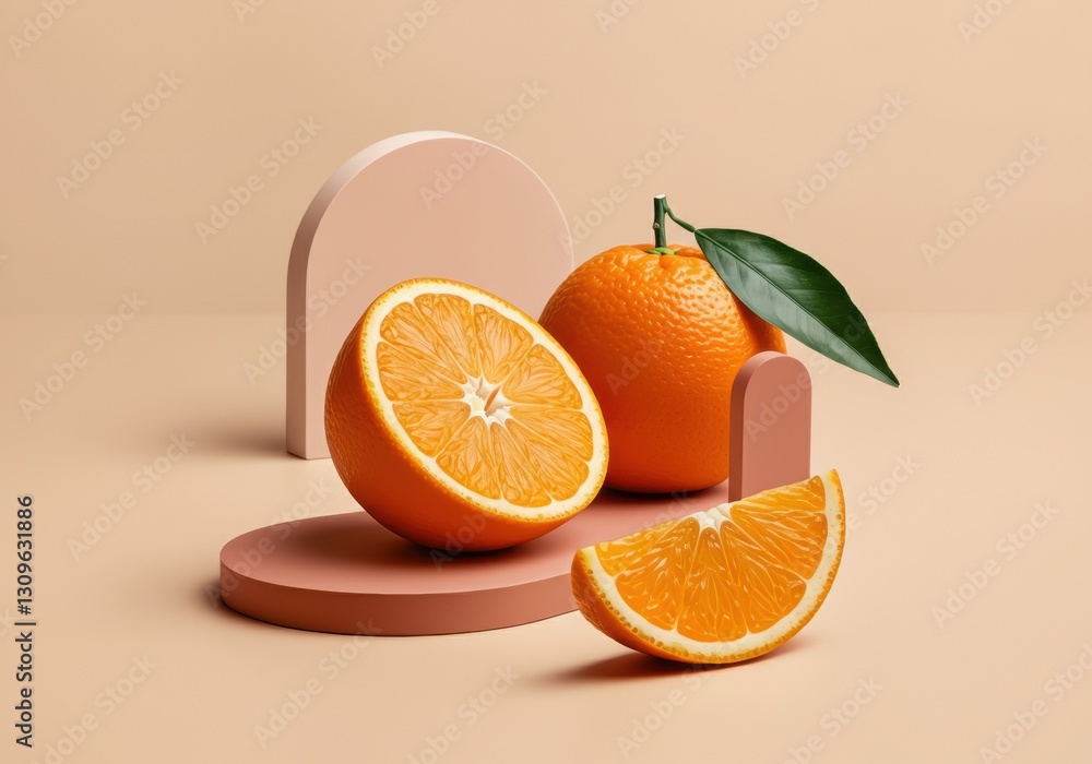 Poster fresh oranges displayed on a minimalist background with geometric shapes