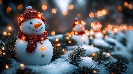 Obraz premium Snowy Christmas snowmen in winter forest
