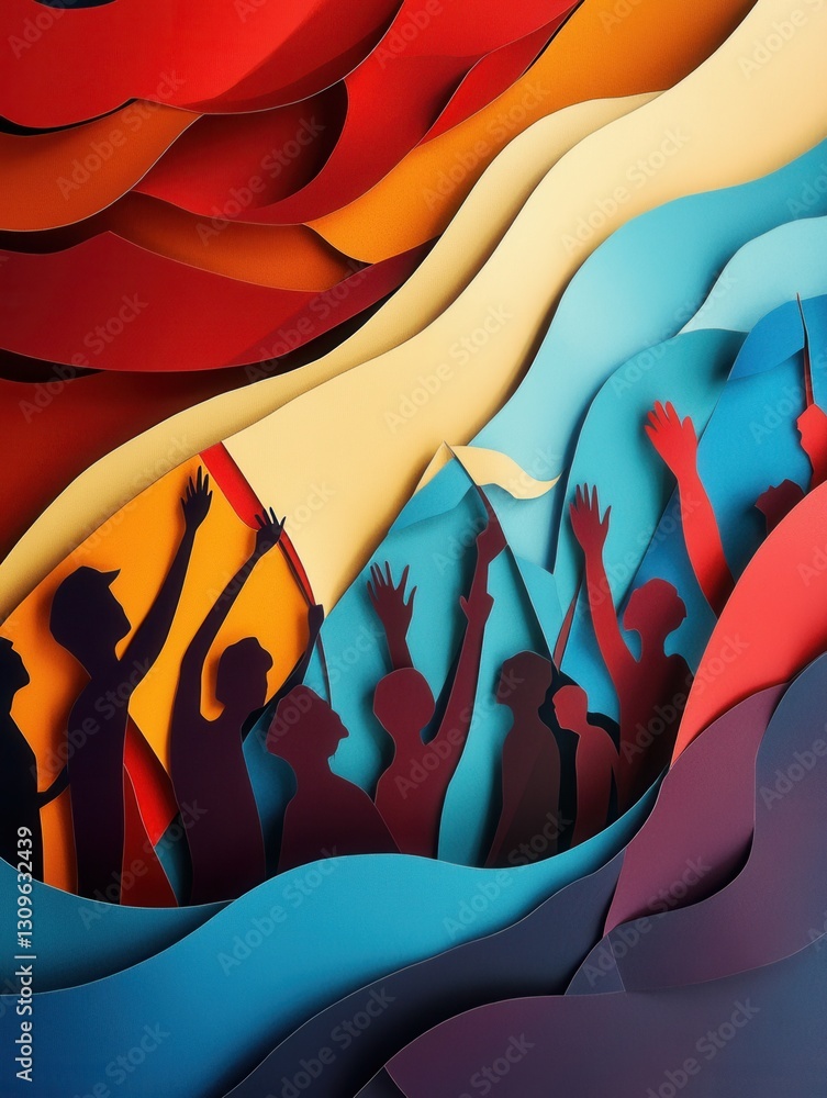 Leinwandbilder Creative paper art background showcasing silhouettes representing activism and unity in layered designs with vibrant colors Generative AI