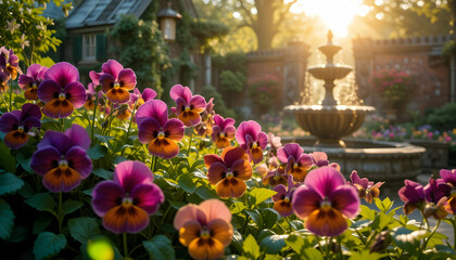 Vibrant Pansies Blooming Near Water Fountain with Sunlight in Garden