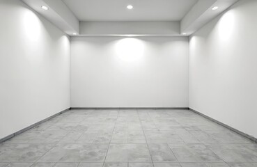 Empty room with grey tile floor, white walls illuminated by spotlights. Modern architecture hall interior for product placement. Blank space backdrop with copy space for brand presentation, ads