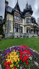 Obraz premium Majestic Stone Mansion with Vibrant Flowerbed