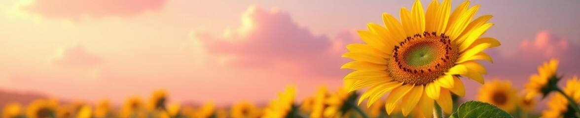 Naklejka premium Majestic sunflower dominates the scene with its bright yellow petals against a backdrop of soft pink clouds, soft, yellow, bright