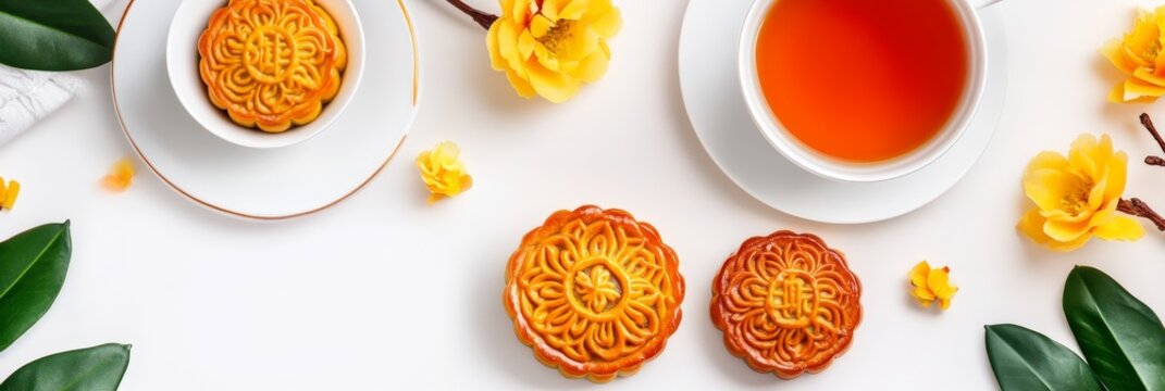 Mooncakes and Tea: A Festive Treat - Delicious mooncakes and a cup of tea, surrounded by autumnal flowers and leaves. Perfect for Mid-Autumn Festival