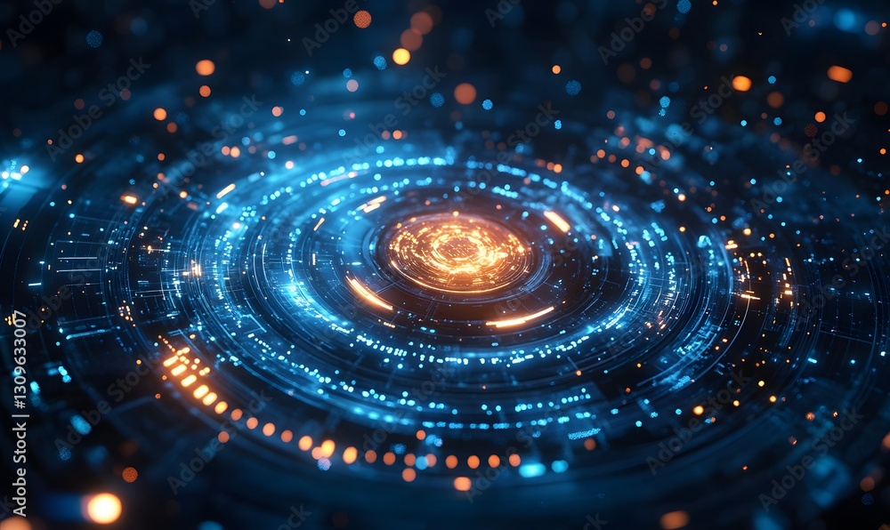 Aufkleber abstract circular data visualization with glowing blue and orange particles