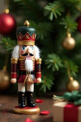 Nutcracker figurine with wrapped gift in the background of a fir branch, decoration, greenery, box