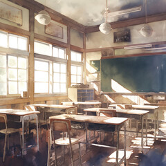 Fototapeta premium 放課後の教室｜柔らかな陽射しが差し込むノスタルジックな学校の風景