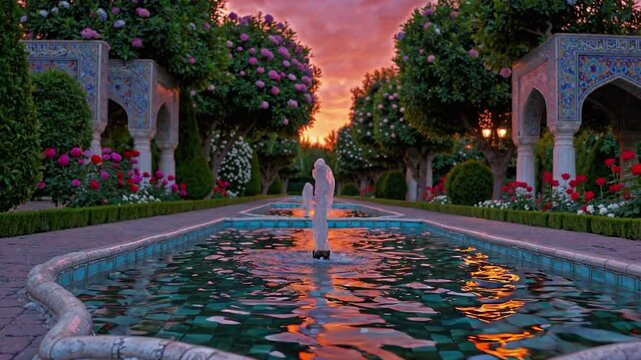 Colorful flowers, blooming trees, and ornate pavilions flank a tranquil reflecting pool with multiple fountains in a beautiful persian garden at sunset