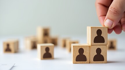 Building a Workforce: Hand arranging wooden blocks with person icons, symbolizing career, human resources, and growth.