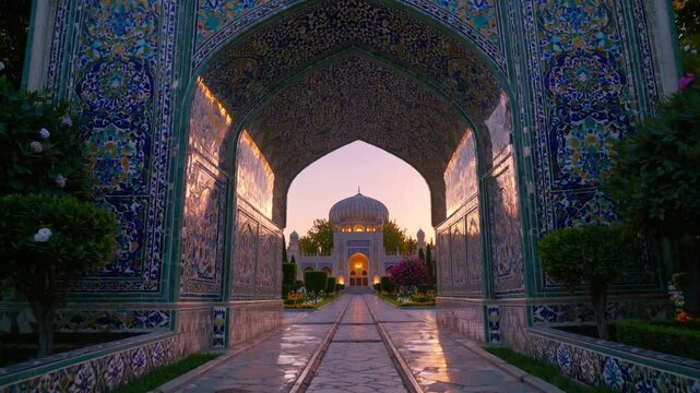 Casting a warm glow on the tilla kari madrasah, the setting sun frames a breathtaking view through the intricately tiled archway of the sher-dor madrasah in registan square, samarkand