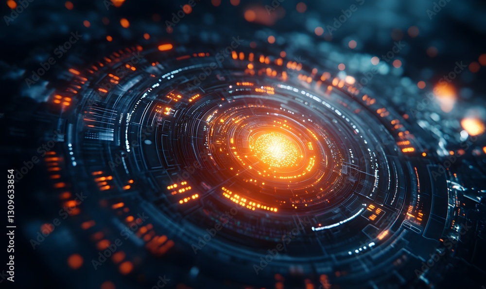 Poster abstract technological background with glowing orange circular patterns and circuit design