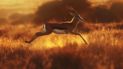 Golden Hour Springbok Leap: A Majestic Silhouette Against the African Sunset