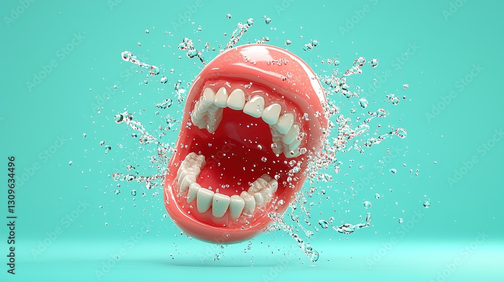 Aufkleber dynamic macro shot of a red tooth with water splashing around, creating vibrant and refreshing visua