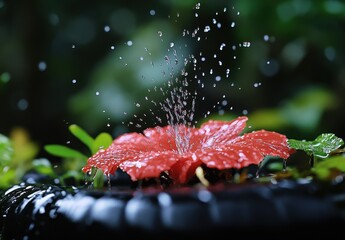 Vibrant Red Flower with Water Droplets Splashing in a Lush Green Environment, Capturing Nature's Beauty and Freshness in a Close-Up Shot