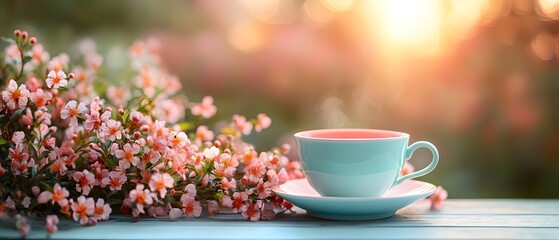 delicate porcelain teacup in soft pastel tones, set in a serene garden with dreamlike ethereal bokeh background. 