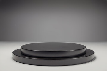 Empty round black podium for montage products, set against neutral grey background. Ideal for promoting premium home decor, beauty spa products, or high-end product presentations