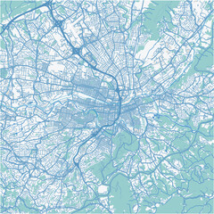 Map of Roanoke in Virginia in a professional blue style. Contains layered vector with roads water, parks, etc.