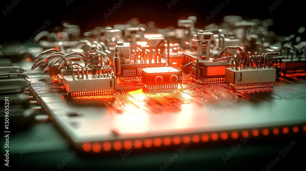 Poster close-up view of a glowing circuit board with intricate components and connections, showcasing techn