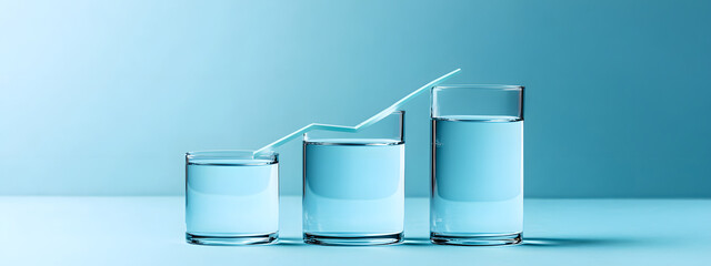 Three rectangular glass bars of different sizes, each filled with water in the shape of an upward-trending graph

