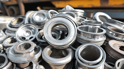 Aluminum scrap is ready recycling. Pile of aluminum engine parts, aluminum cylinders, aluminum pistons are intricately shaped with smooth metallic surfaces and some signs of wear