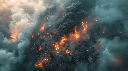 Aerial View of City Engulfed in Widespread Fires and Smoke
