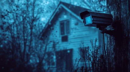 Abandoned House Surveillance - A security camera monitors an old, abandoned house on a dark, cold night. Eerie atmosphere