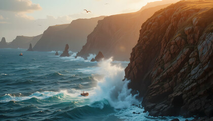 Ocean Waves Crashing on Rocky Coastline with Distant Cliffs and Sun