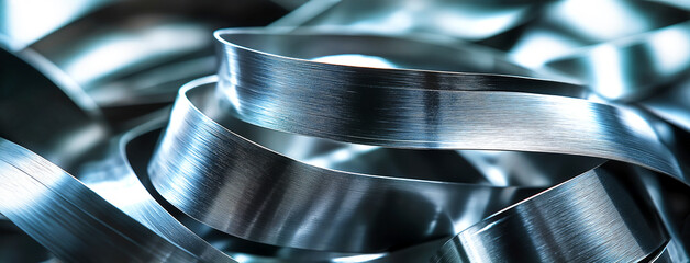 Close-up of spiral steel scrap, metal strips, including steel and stainless steel, ready for recycling. The color is silver-gray. Steel scrap materials with intricate details and textures of metal