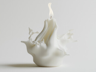 white wax candle with artistic, flowing design and gentle flame