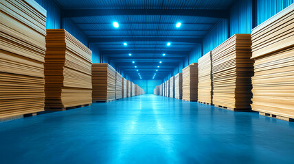 Large industrial warehouse filled with stacked wooden plates or panels, arranged in long rows. Spacious storage facility is illuminated by bright overhead lights, reflecting on smooth concrete floor