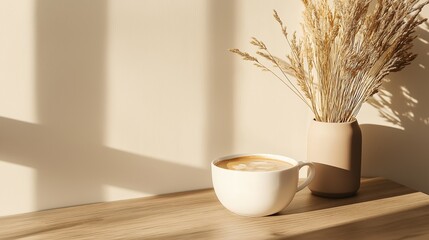 Wooden table with a white cup of coffee on it. the cup is filled with a dark brown liquid, possibly coffee, and has a latte art design on the surface.