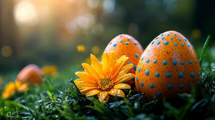Decorated Eggs with Vibrant Flower Displaying Springtime Beauty and Artistic Arrangement in Natural Setting