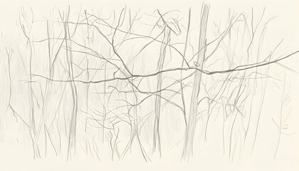 Fototapeta premium Sketch of leafless trees in winter, minimalist line drawing, delicate pencil strokes depicting a tranquil forest scene.